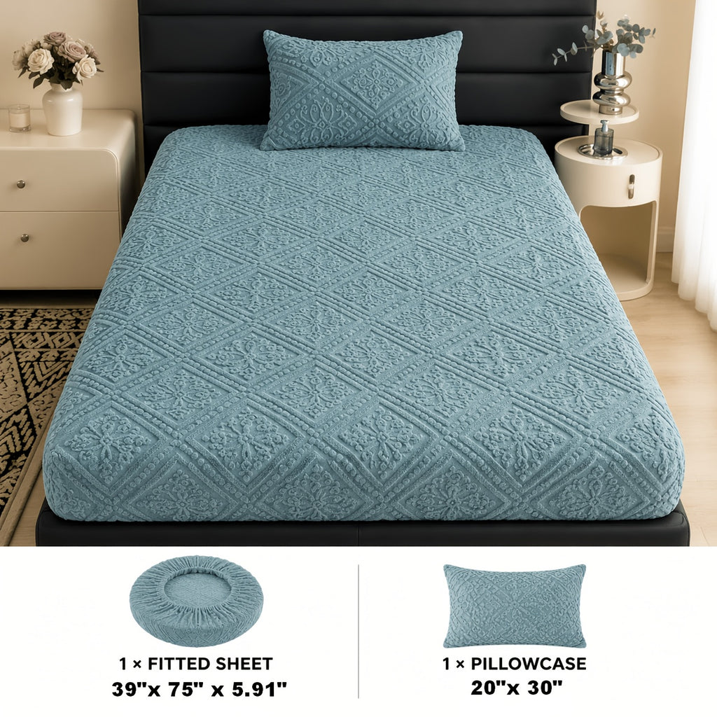 Embossed Fitted Sheet Set Super Soft Deep Pocket - European Texture Bed Sheets All Season, Machine Washable, Optional Pillowcases, Twin Full Queen King Sizes, 5 Colors Bedroom Bedding