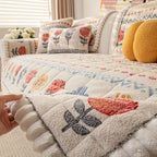 Bohemian Floral Plush Sofa Cover Thick Milk Fleece Quilted Couch Protector with Decorative Pillow Covers – Machine Washable Warm Cozy Cover for 1-4 Seater Sofa, Living Room Decor