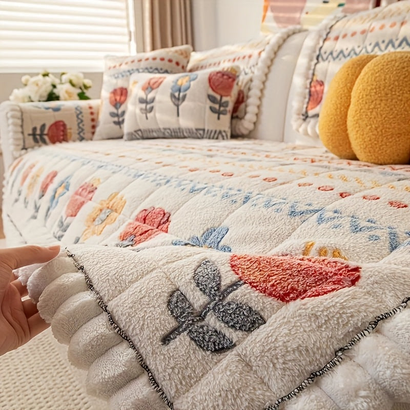 Bohemian Floral Plush Sofa Cover Thick Milk Fleece Quilted Couch Protector with Decorative Pillow Covers – Machine Washable Warm Cozy Cover for 1-4 Seater Sofa, Living Room Decor