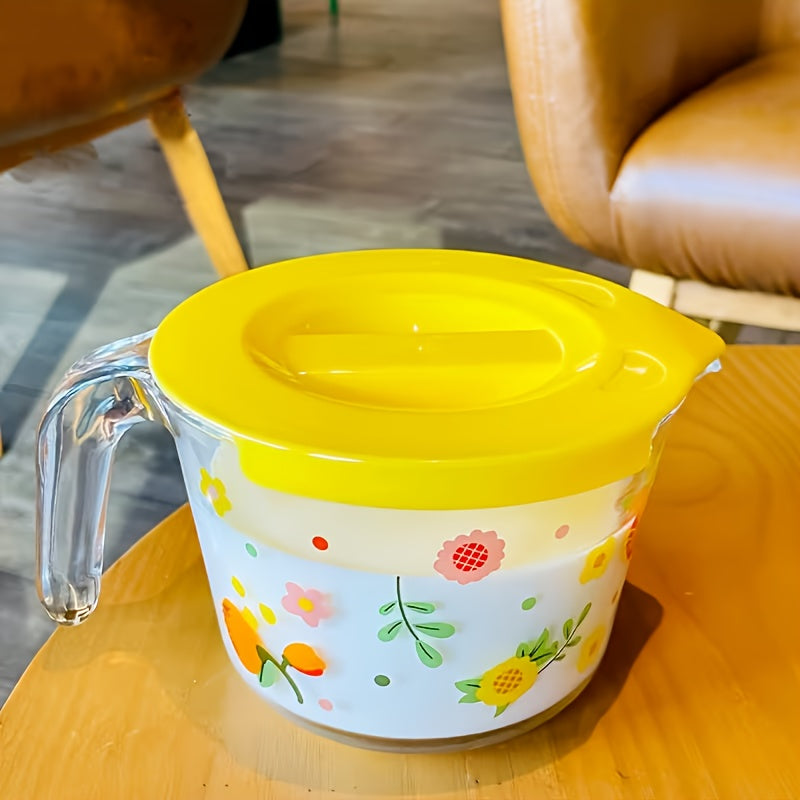 Lidded Floral Glass Measuring Cup Set – Heat-Resistant, Microwave-Safe, BPA-Free with Handle & Clear Markings for Baking & Cooking