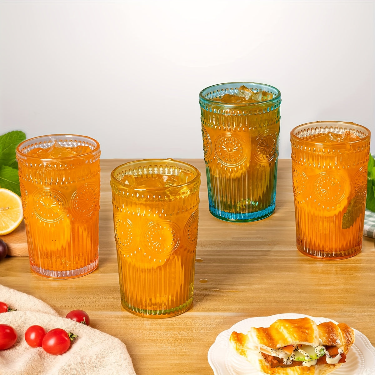 Retro Colored Whiskey Glasses Set of 6 – 14oz Embossed Colorful Tumblers for Whiskey, Cocktails, Juice, Water & Beer – Vintage Muted Glass Drinkware