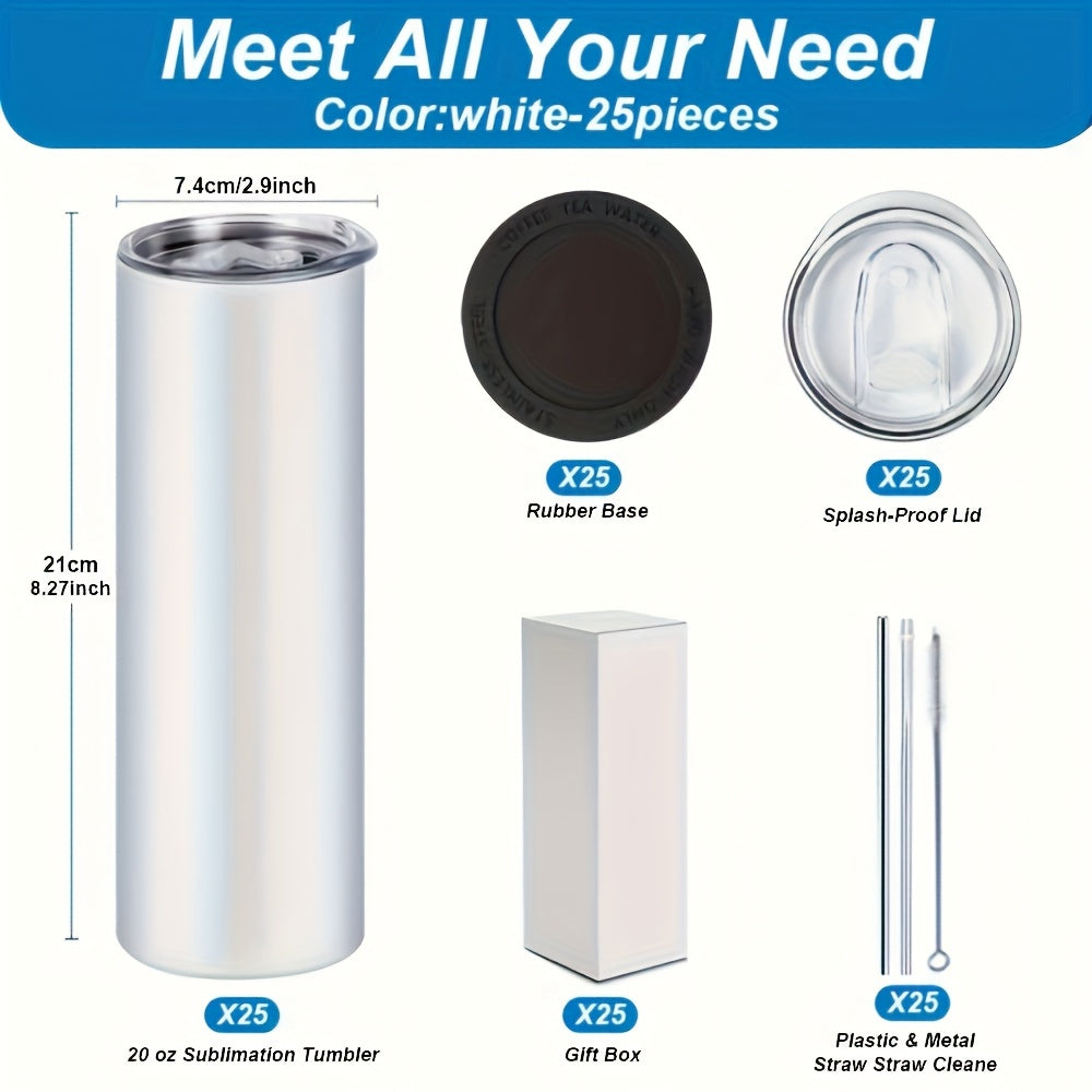 20oz Sublimation Tumbler Blanks with Lids & Straws – Stainless Steel Double Wall Insulated, White Gift Box, Bulk 8/10/25/50 Pack for Heat Press & DIY Gifts