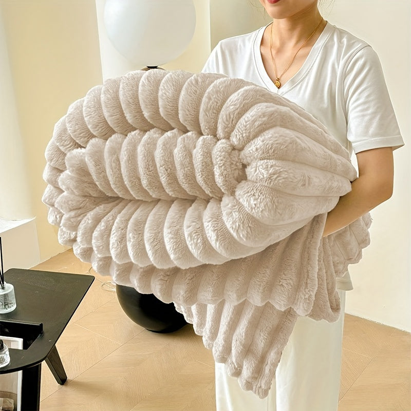 Luxury Faux Rabbit Hair Blanket – Soft Warm Wide Stripe Double-Sided Throw | Machine Washable | Twin, Full, Queen & King | Khaki, Cream, Gray, Black