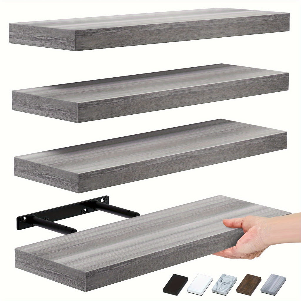 Floating Shelves Wall Mounted Set of 4 – Modern Wall Shelves with Invisible Brackets, Marble Surface Display Shelf for Bedroom, Bathroom, Kitchen & Living Room, Easy No-Drill Install
