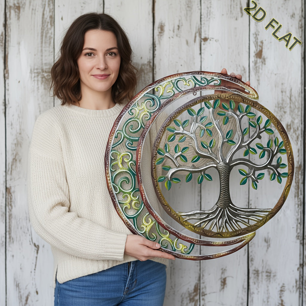 Moon & Green Tree Iron Wall Sculpture 15.75×15.75 Inch – Art Deco Metal Wall Hanging Decor for Home, Patio, Yoga Studio & Teahouse, Holiday Gift for Wedding, Christmas, Thanksgiving & Halloween