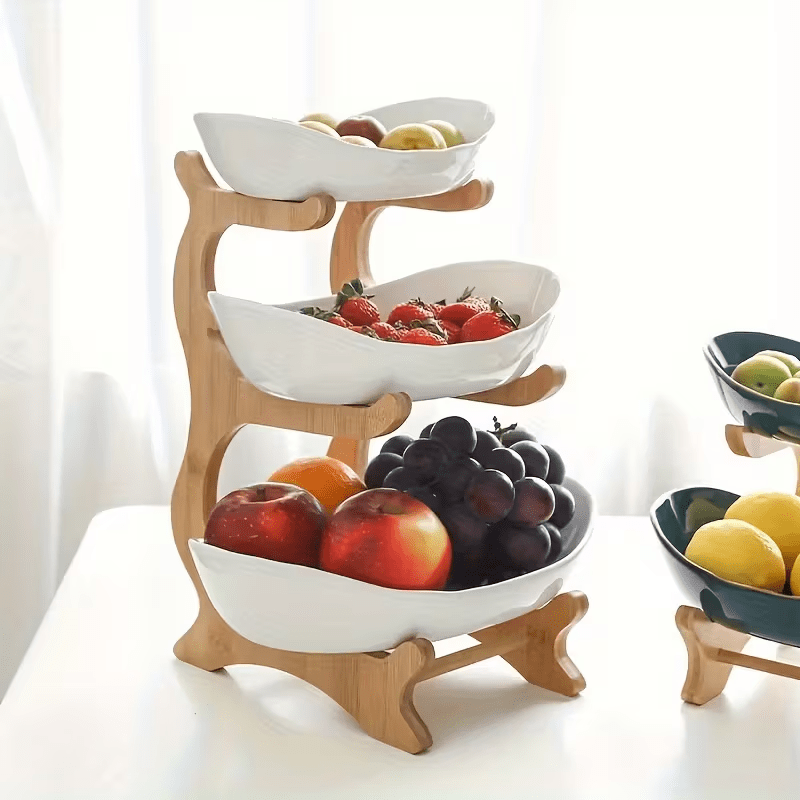 Stackable Tiered Fruit Plate with Wood-Look Design, 2 or 3 Tier Plastic Serving Tray Stand for Snacks, Bread & Fruit, Space-Saving Living Room Kitchen Countertop Organizer, Easy to Assemble