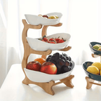 Stackable Tiered Fruit Plate with Wood-Look Design, 2 or 3 Tier Plastic Serving Tray Stand for Snacks, Bread & Fruit, Space-Saving Living Room Kitchen Countertop Organizer, Easy to Assemble