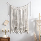 Bohemian Macrame Tapestry Wall Hanging – Large Vertical Handwoven Cotton Boho Wall Decor for Bedroom, Living Room, Wedding Backdrop & Hallway, Cream White Woven Wall Art