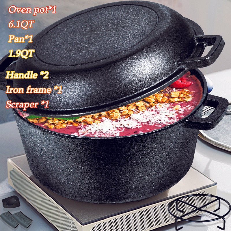 Cast Iron Dutch Oven Set 2-in-1 – 6.1QT Deep Pot & 1.9QT Frying Pan Lid, 6-Piece with Silicone Handles, Scraper & Iron Frame | Pre-Season Ready, Oven, Stove, BBQ & Induction Safe