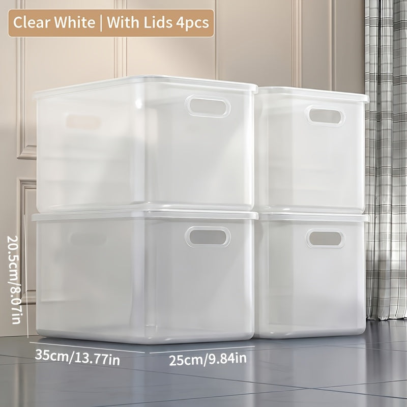 13-Inch Square Plastic Storage Bins 4-Pack with Handles Lid & No-Lid Options White Wardrobe Storage Box Set for Clothes Tools Closet Shelves – Premium Home Organization Containers