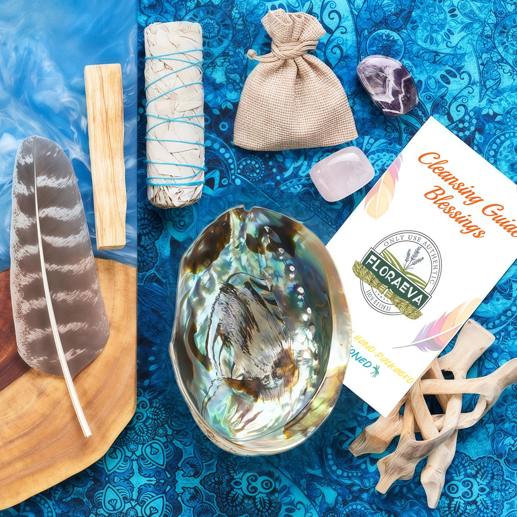 Floraeva Home Cleansing & Incense Gift Set – White Sage, Palo Santo, Abalone Shell, Crystal Stone, Incense Feathers & Stand for Home Protection, Positive Energy, Spiritual Decor & Holiday Gifting