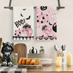 Halloween Kitchen Dish Towels Set of 4 - 18x26 Inch Black and Pink Pumpkin Ghost Design Kitchen Towels for Halloween Home and Kitchen Decoration - Festive Trick or Treat Towel Gift Set
