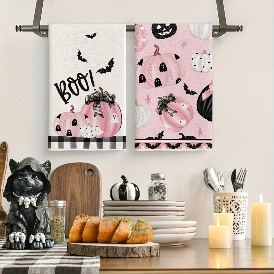 Halloween Kitchen Dish Towels Set of 4 - 18x26 Inch Black and Pink Pumpkin Ghost Design Kitchen Towels for Halloween Home and Kitchen Decoration - Festive Trick or Treat Towel Gift Set