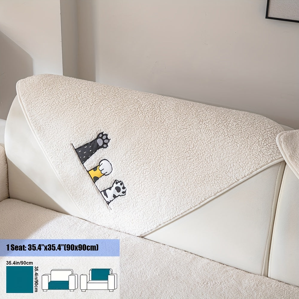 Sherpa Sofa Cover with Cat Paw Embroidery – Thick Plush Non-Slip Couch Slipcover, Pet-Friendly & Machine Washable Furniture Protector
