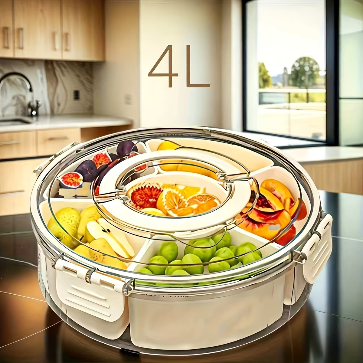 6 Grid Rotating Serving Tray with Lid and Handle 360 Rotatable Snack Organizer Box Portable for Camping Party Picnic RV Fridge Travel
