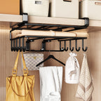 Under Cabinet Organizer Rack with Double Row Hooks Heavy Duty Carbon Steel Kitchen Shelf for Utensils Towels Cups Cutting Boards – No-Drill Easy Install
