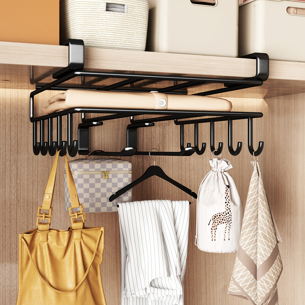 Under Cabinet Organizer Rack with Double Row Hooks Heavy Duty Carbon Steel Kitchen Shelf for Utensils Towels Cups Cutting Boards – No-Drill Easy Install
