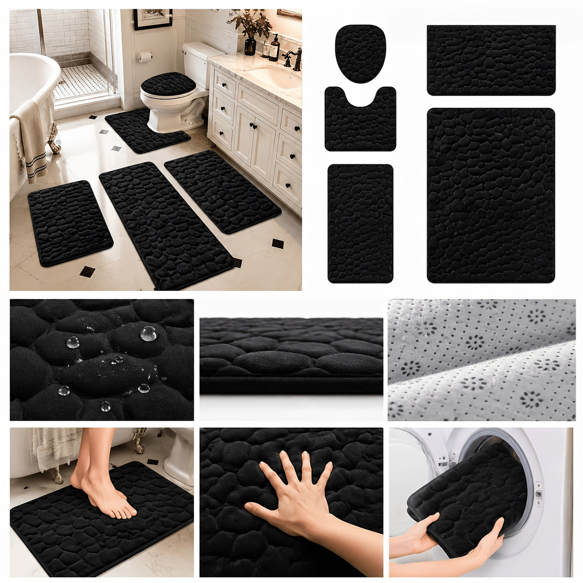 Super Absorbent Bath Mat Set 5 Piece Non-Slip Ultra Soft Bathroom Rugs, Premium Floor Mats for Bathtub Shower Vanity, 4 Colors Available