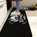 Black Kitchen Mat Set 2 Piece Cookware Pattern Anti-Slip Rubber Backing – Machine Washable Absorbent Soft Polyester Floor Rugs for Kitchen, Bathroom & Entryway