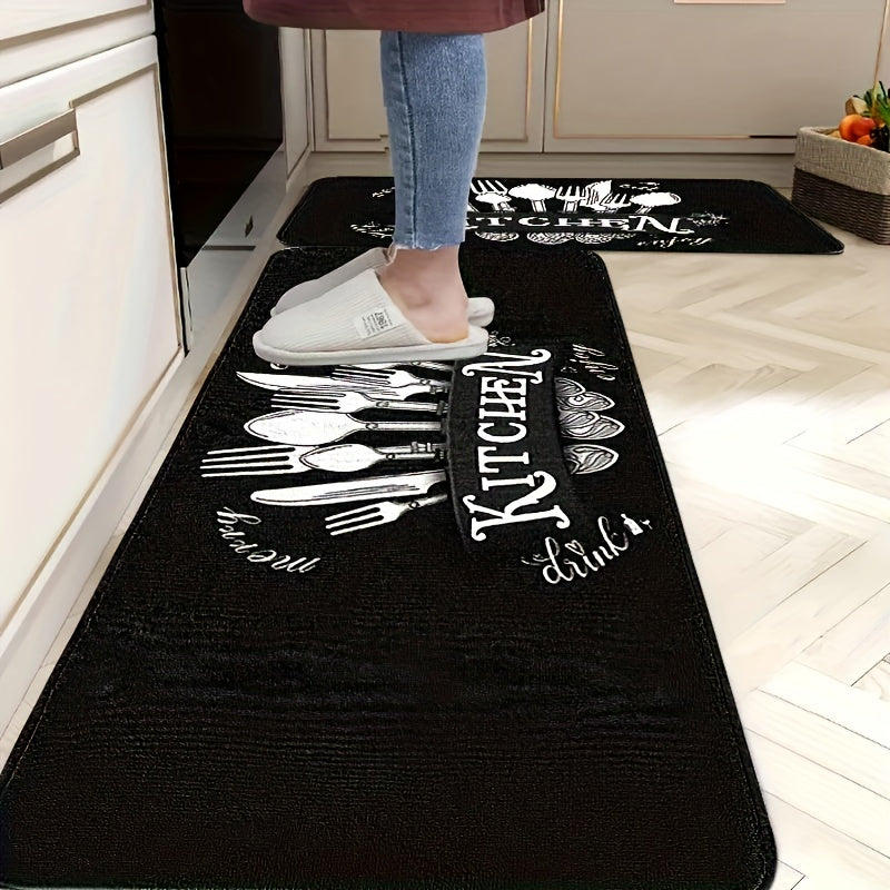 Black Kitchen Mat Set 2 Piece Cookware Pattern Anti-Slip Rubber Backing – Machine Washable Absorbent Soft Polyester Floor Rugs for Kitchen, Bathroom & Entryway