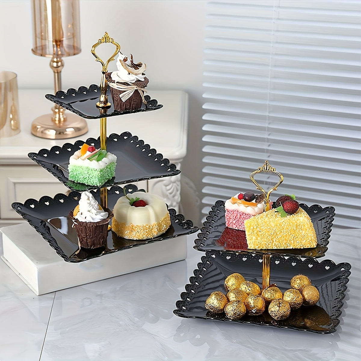 Tiered Dessert Display Stand 6 Piece Set Three-Tier Two-Tier Shelf and Dessert Tray for Birthday Party Tea Party Cupcake Cake Serving Pink White