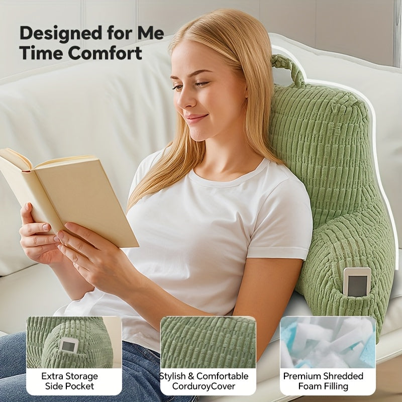 Shredded Memory Foam Reading Pillow with Arms & Pockets – Backrest Pillow for Bed & Couch Sitting Up, Removable Washable Cover, Multiple Colors & Sizes
