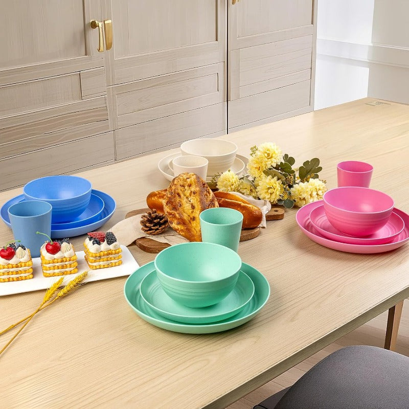 16 or 32pcs Wheat Straw Dinnerware Set Plates and Bowls Microwave Dishwasher Safe Durable Plastic Tableware for 8 – Party Gifts Multiple Colors