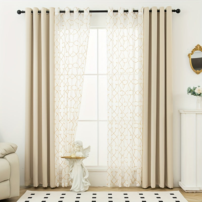 Blackout Curtains 4-Pack – Geometric Embroidery Grommet Top, Sun-Blocking Heat-Insulating Room Darkening Drapes, Living Room Bedroom Dining, All-Season, 4 Colors 5 Sizes