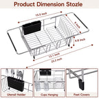 Stainless Steel Over-the-Sink Dish Drying Rack & Colander Strainer Basket with Expandable Grip – Heavy-Duty Sink-Mounted Dish Drainer for Vegetable Washing & Space-Saving Kitchen Organization