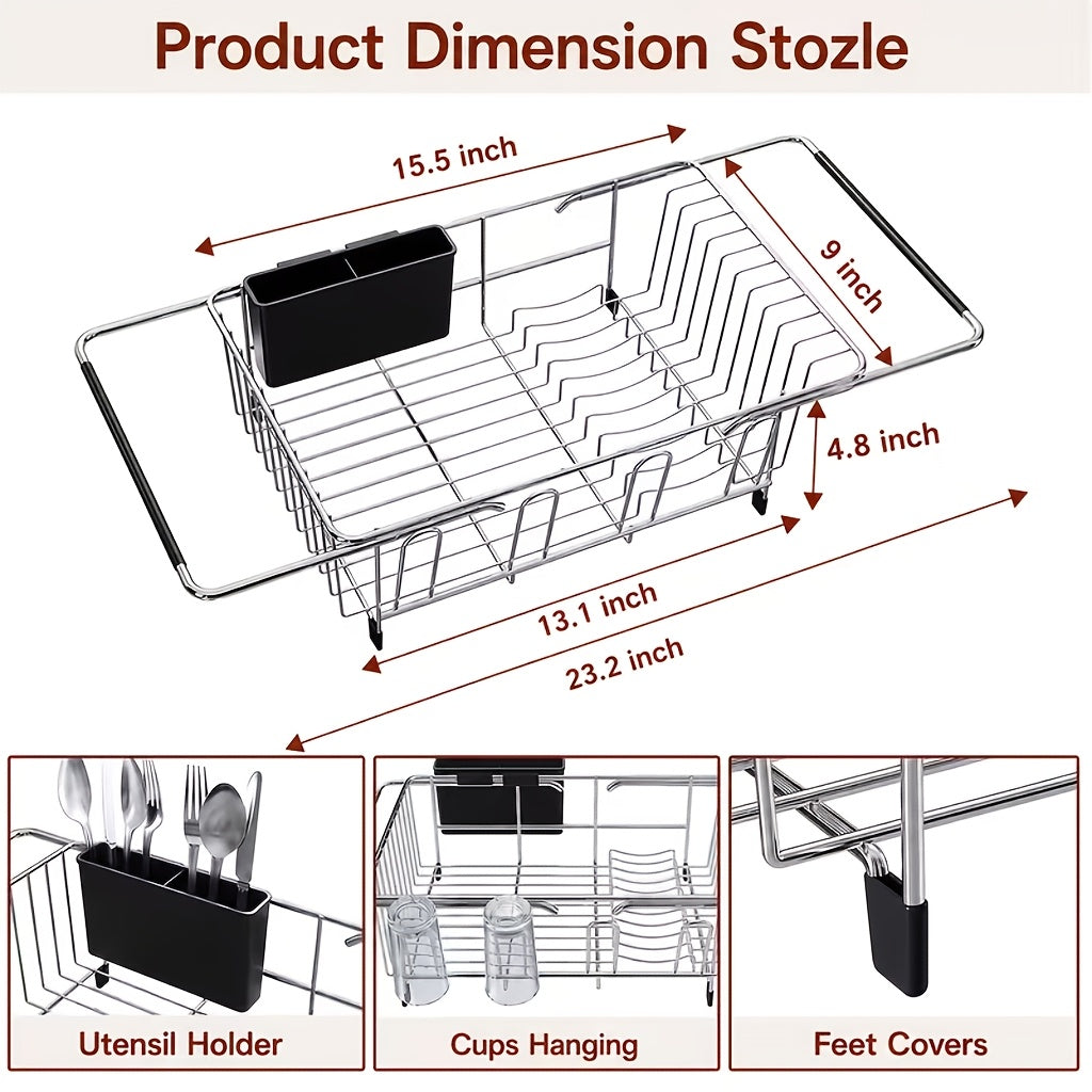 Stainless Steel Over-the-Sink Dish Drying Rack & Colander Strainer Basket with Expandable Grip – Heavy-Duty Sink-Mounted Dish Drainer for Vegetable Washing & Space-Saving Kitchen Organization