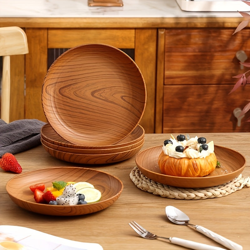 10-Piece Wood Grain Dinner Plates Set 7.8 Inch Thickened Plastic Plates Salad Breakfast Serving Trays Family Dining Multi-Use