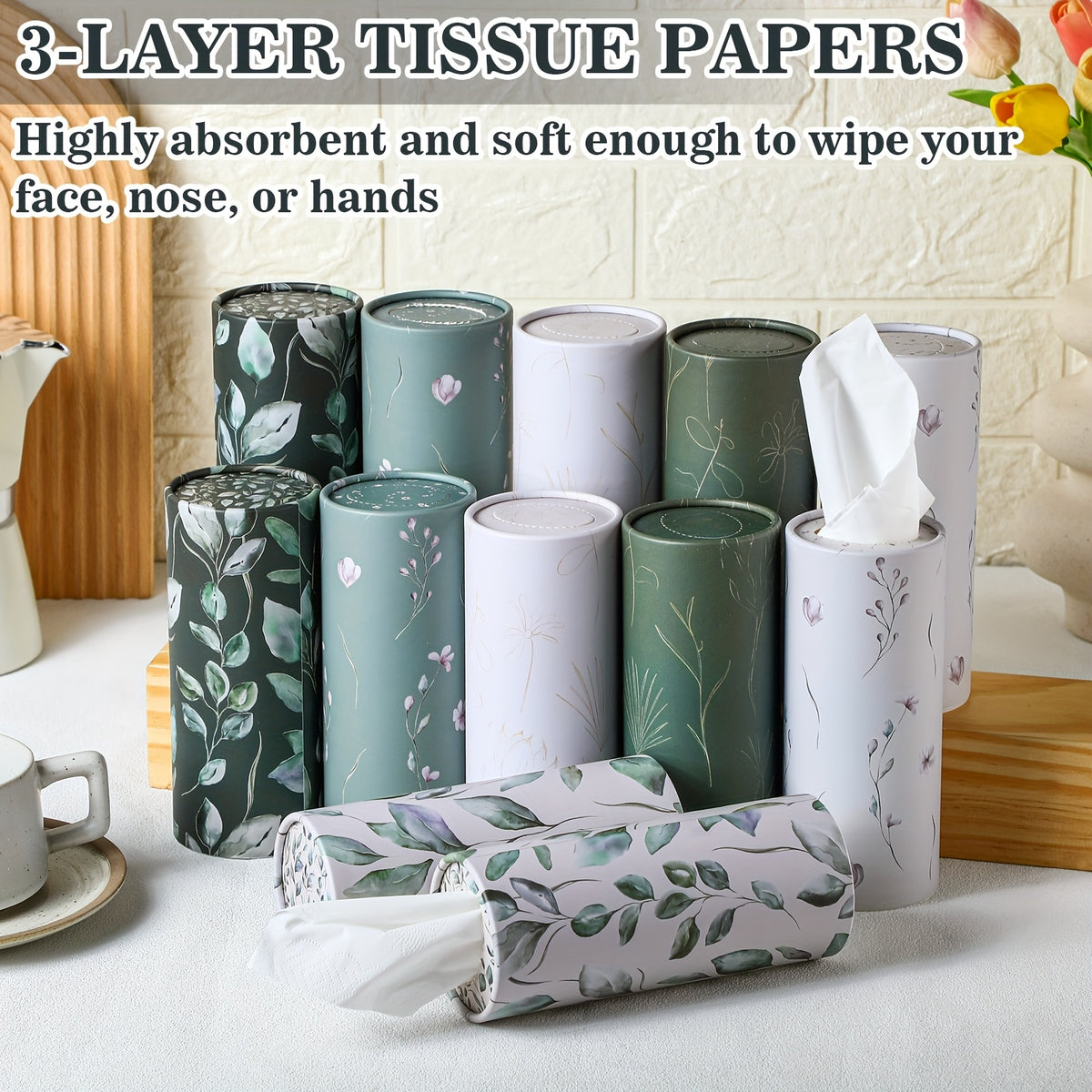 Round Car Tissue Box 12-Pack Vintage Floral Printed – Cylinder Facial Tissue Holder Bulk Set for Car Cup Holder, Travel & Home Use, Fresh Scent Design