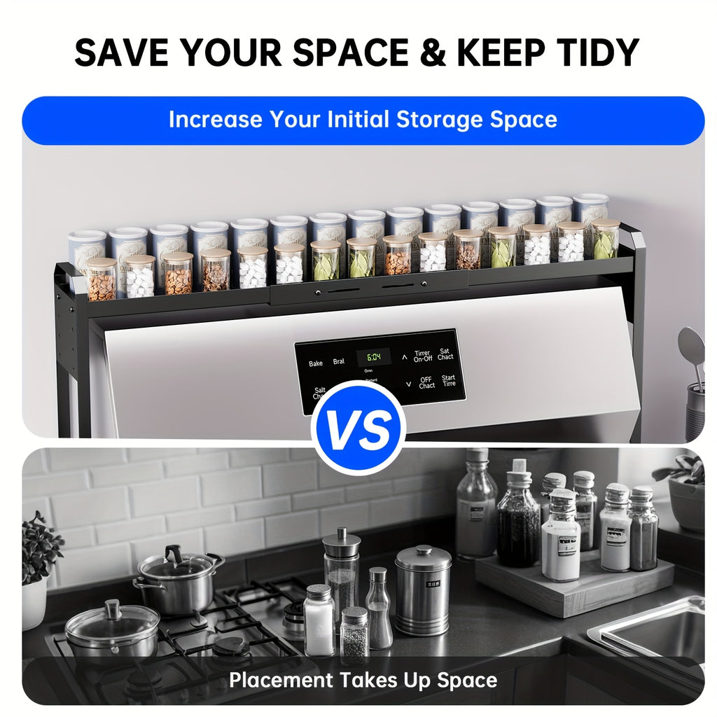 Stove Top Shelf Expandable Spice Rack – Adjustable Back of Stove & Over Sink Shelf for Kitchen Storage Organization, Black