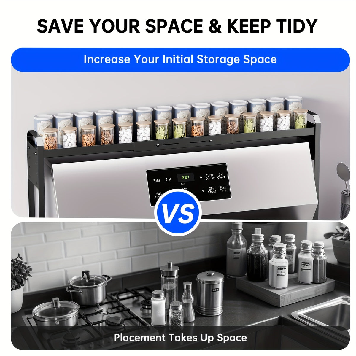 Stove Top Shelf Expandable Spice Rack – Adjustable Back of Stove & Over Sink Shelf for Kitchen Storage Organization, Black