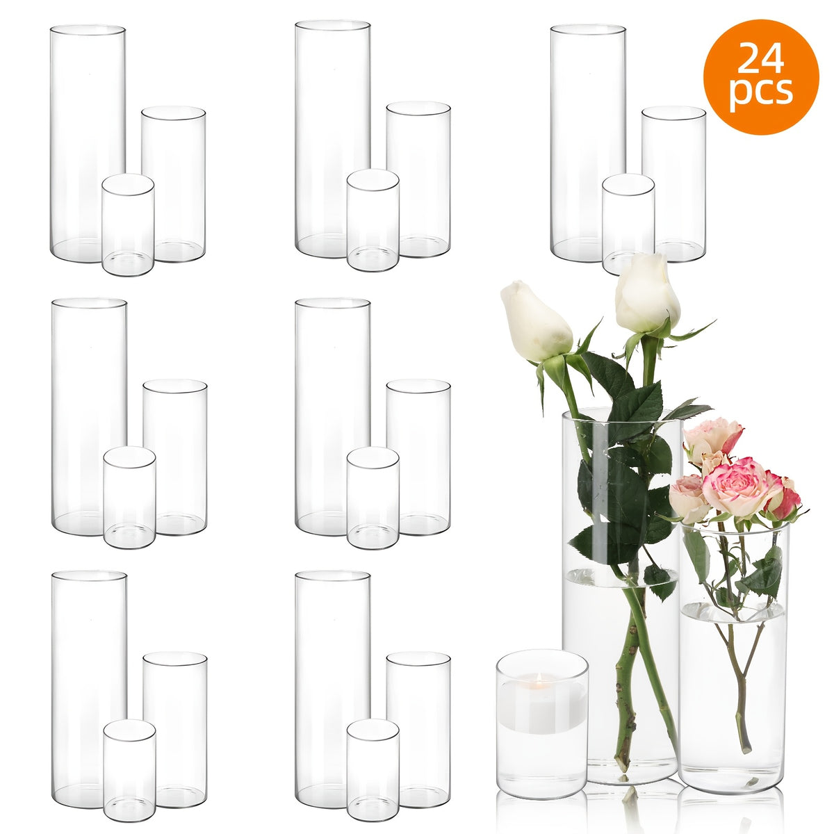 Clear Glass Cylinder Vases 24-Pack 3 Sizes 4/8/12 Inch - Tall Flower Vases, Hurricane Floating Candle Holders for DIY Candle Making, Wedding Table Centerpieces & Home Decor
