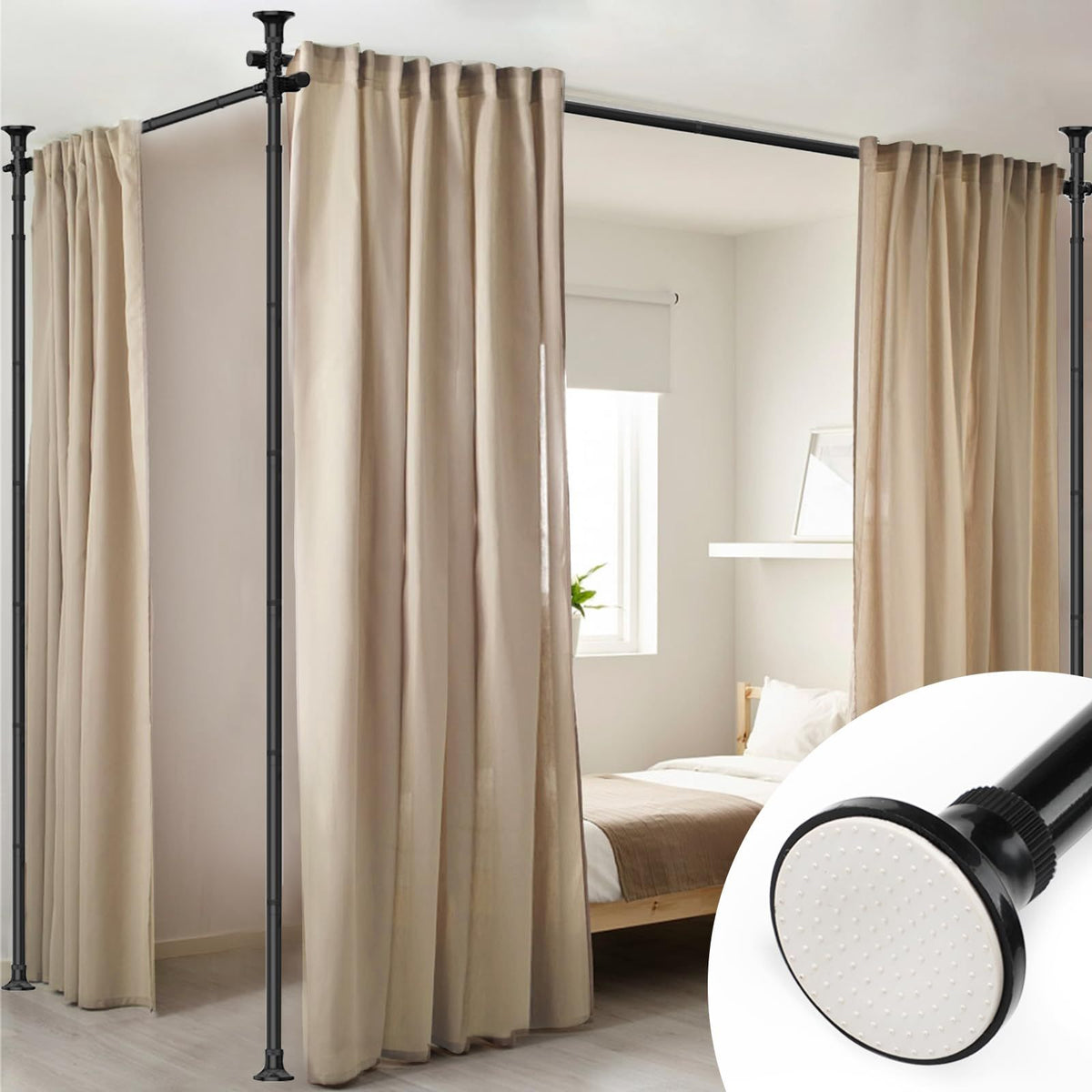 Floor to Ceiling Room Divider Rod No Drill Tension – Adjustable 4-10ft Tall 28-114" Wide Heavy Duty Curtain Partition Stand for Bedroom Studio Apartment, Matte Black White