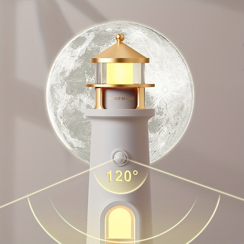 Moon Lighthouse Night Light with Projector & Motion Sensor, USB Rechargeable or Plug-In Moonlight Lamp with Auto-On Body Sensor, Decorative Bedroom Night Light & Unique Home Decor Gift