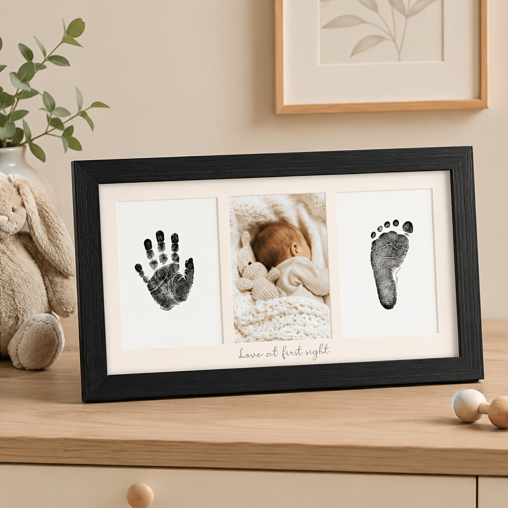 Triptych Photo Frame 8x16 Inch – Horizontal 3-Panel Picture Frame with Text & Footprint/Handprint Panel, Desktop or Wall Display, Black & White Wood Grain, Heartfelt Gift for Moms