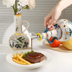 Hand-Painted Ceramic Oil & Vinegar Dispenser Set, Anti-Drip Leak-Proof Underglaze Kitchen Condiment Bottles with Oil Spout & Foot Pad, Artisan Table Serveware, Great Housewarming Gift