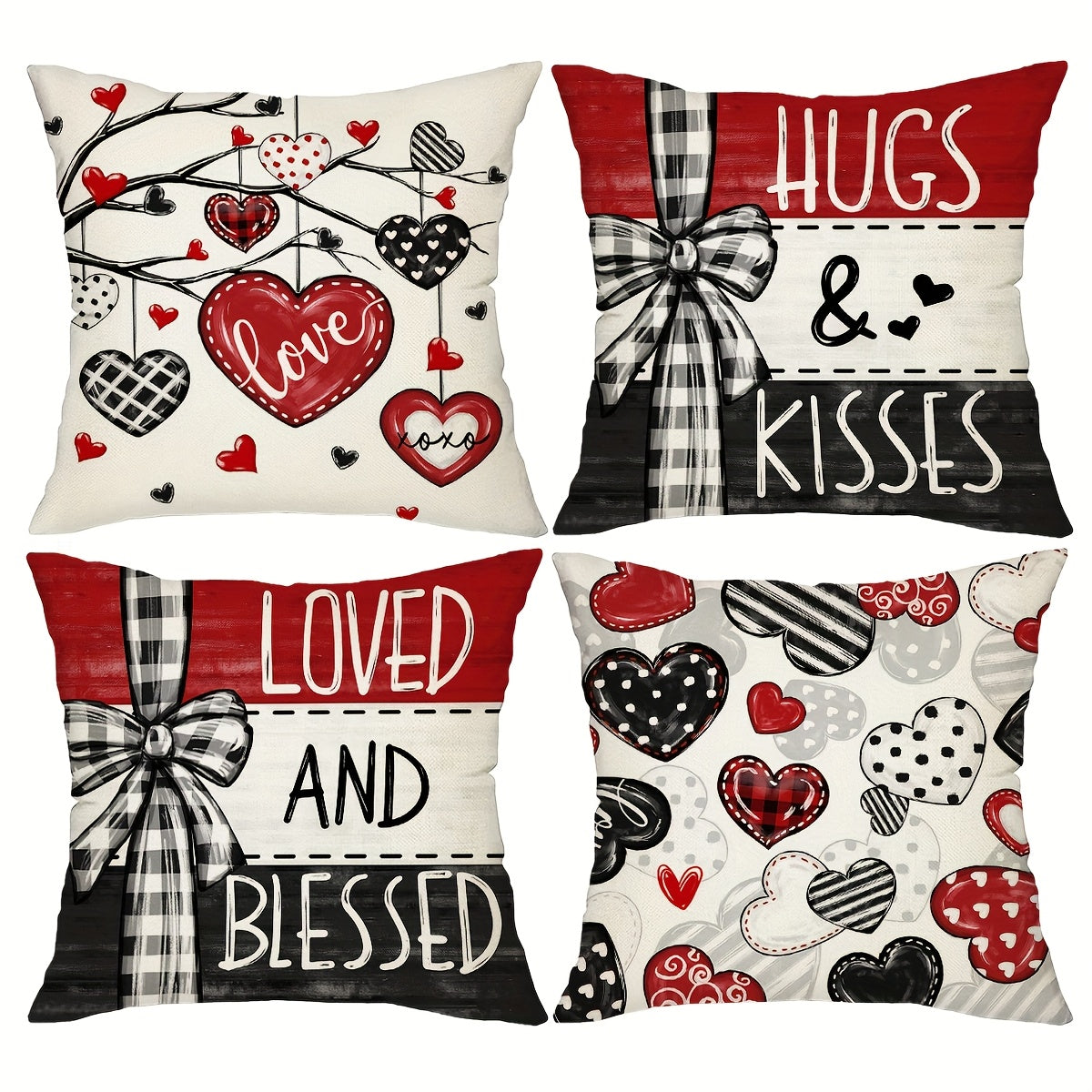 Set of 4 Valentine's Day Throw Pillow Covers – Red & Black Striped Bow | 18x18 inch