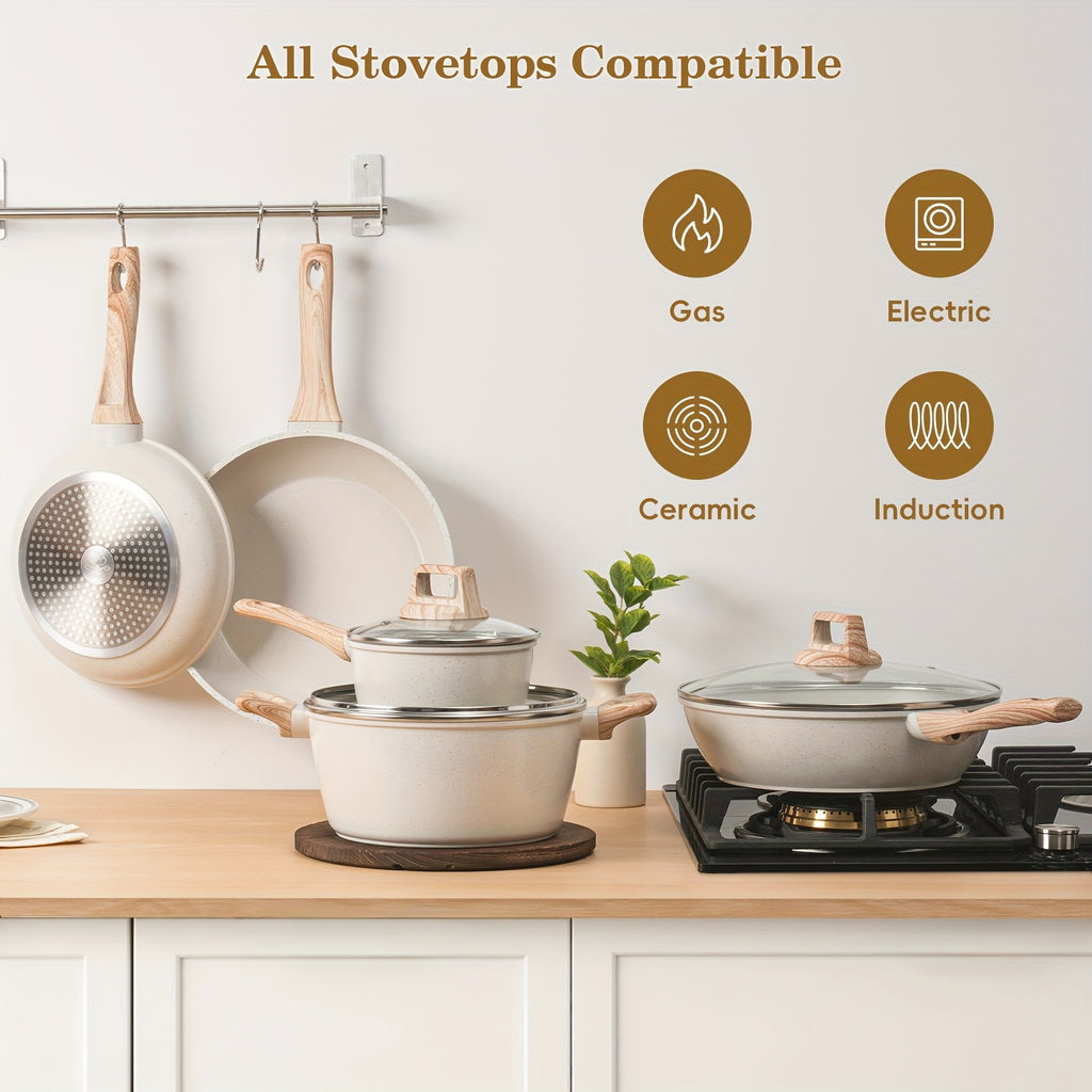 Granite Non Stick Pots and Pans Set 12 Piece Complete Cookware Kit with Frying Pans Casserole Saucepan & Lids – Induction Compatible Space-Saving for Camping RV Travel