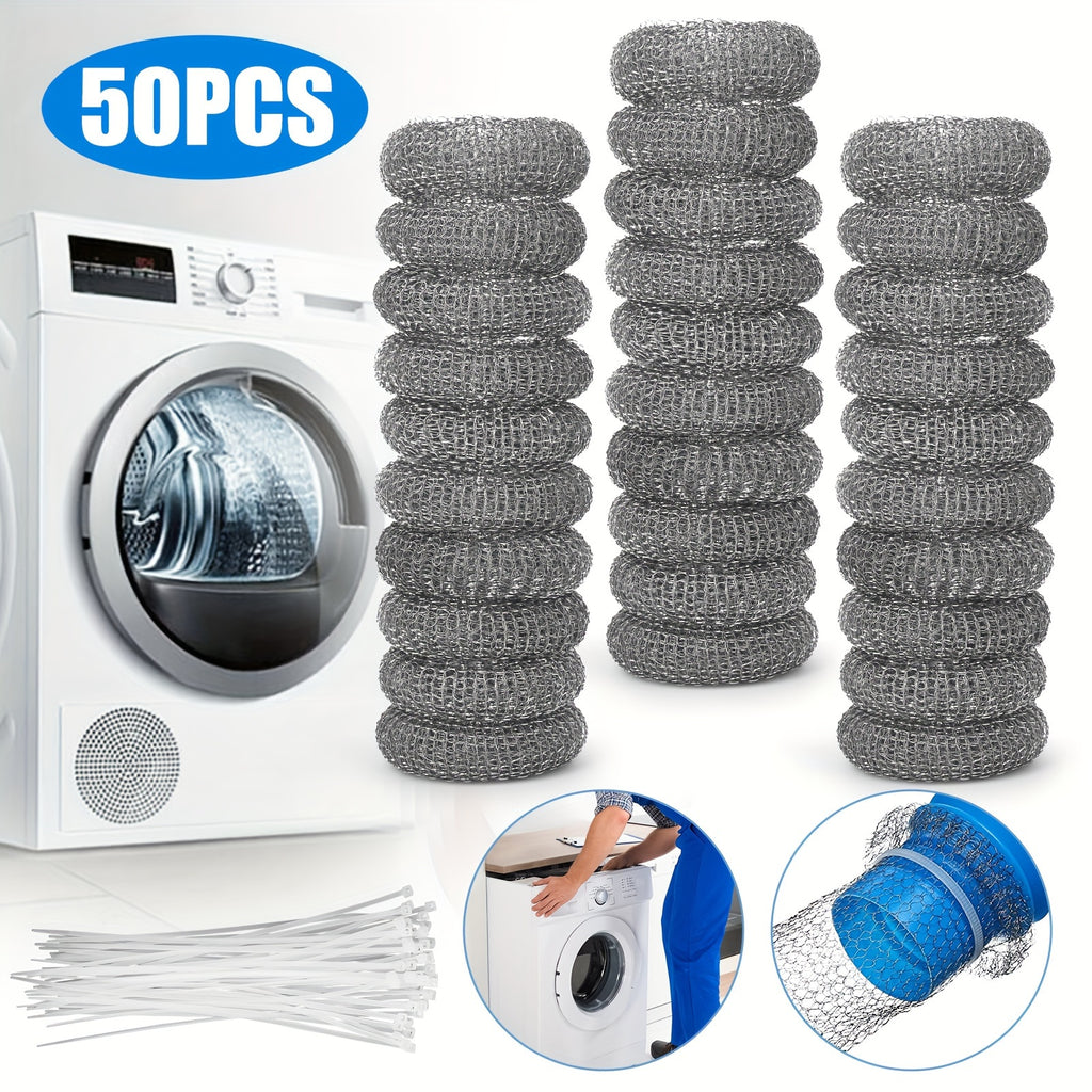 Washing Machine Lint Traps 50-Pack, Stainless Steel Mesh Filter Screen with Nylon Ties for Washer Drain Hose, Lint Catcher Prevents Clogs