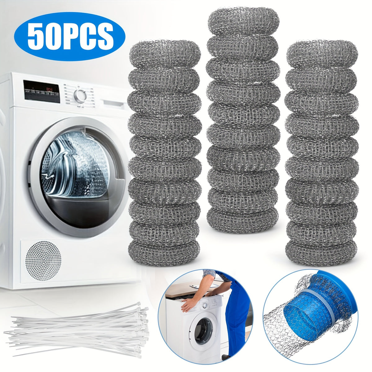 Washing Machine Lint Traps 50-Pack, Stainless Steel Mesh Filter Screen with Nylon Ties for Washer Drain Hose, Lint Catcher Prevents Clogs