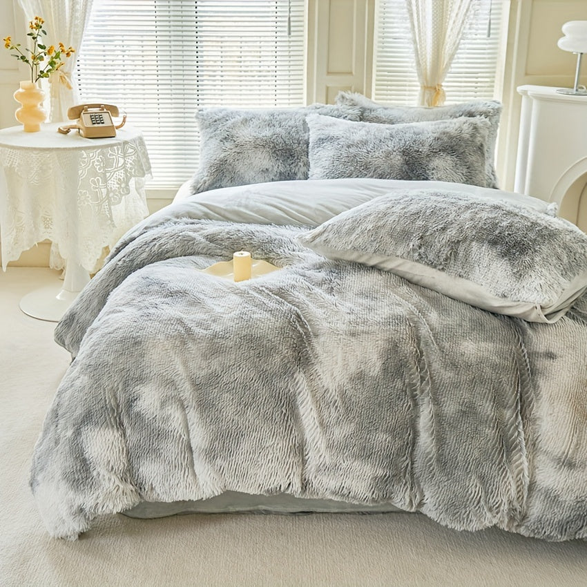 3-Piece Tie-Dye Long Plush Duvet Cover Set 1 Duvet Cover + 2 Pillowcases Zip Closure Machine Washable All-Season Elegant Bedroom Pink Khaki Light Gray Twin Full Queen King