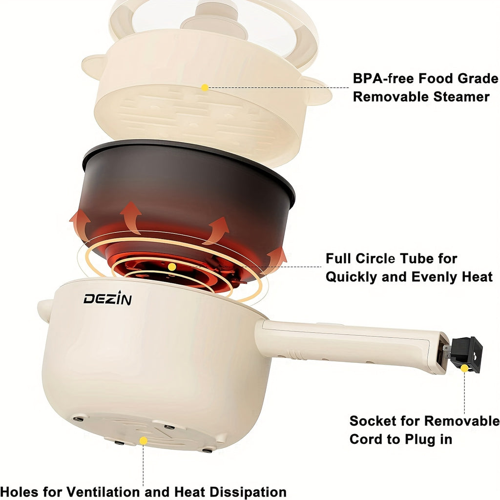 Mini Electric Cooker 2L Non-Stick Saute Pan with Adjustable Power, Rapid Noodle Cooker Mini Pot for Ramen, Oatmeal, Steak, Eggs & Fried Rice – College Dorm Room Essential, Beige & Green