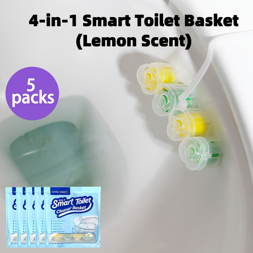 4-in-1 Toilet Cleaner Hanging Basket 5 Pack 65g – 200+ Flushes, Deodorizes & Removes Yellow Stains, Non-Corrosive Tablets for Smart, Hanging & No-Tank Toilets, 4 Fresh Scents: Ocean, Lemon, Lavender, Floral