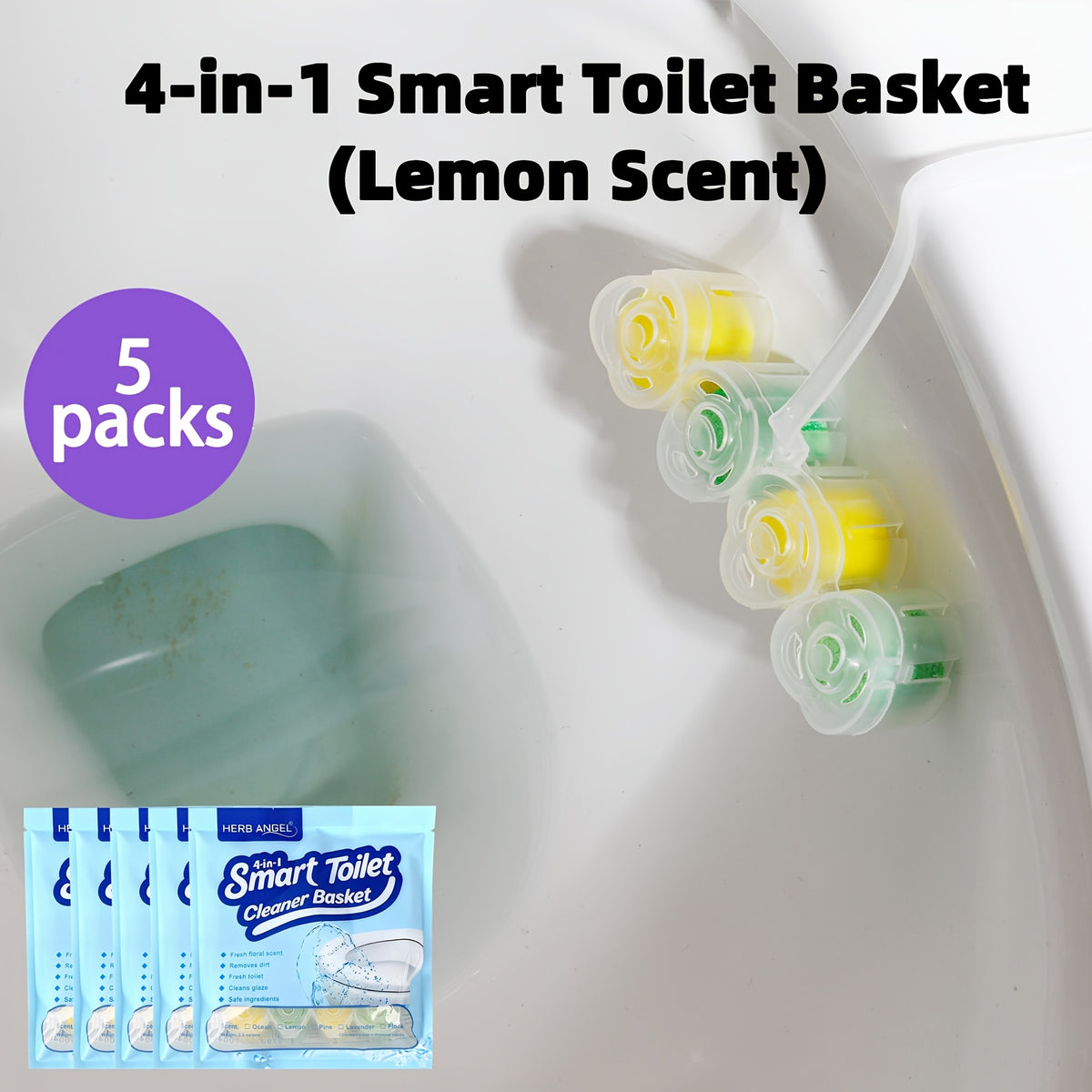 4-in-1 Toilet Cleaner Hanging Basket 5 Pack 65g – 200+ Flushes, Deodorizes & Removes Yellow Stains, Non-Corrosive Tablets for Smart, Hanging & No-Tank Toilets, 4 Fresh Scents: Ocean, Lemon, Lavender, Floral