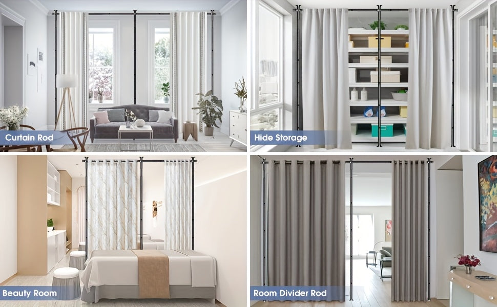 Room Divider Curtain No Drill Floor to Ceiling Tension Rod Adjustable Privacy Screen 4-10ft Height 29-146in Width Metal Frame Bedroom Office Renters Black
