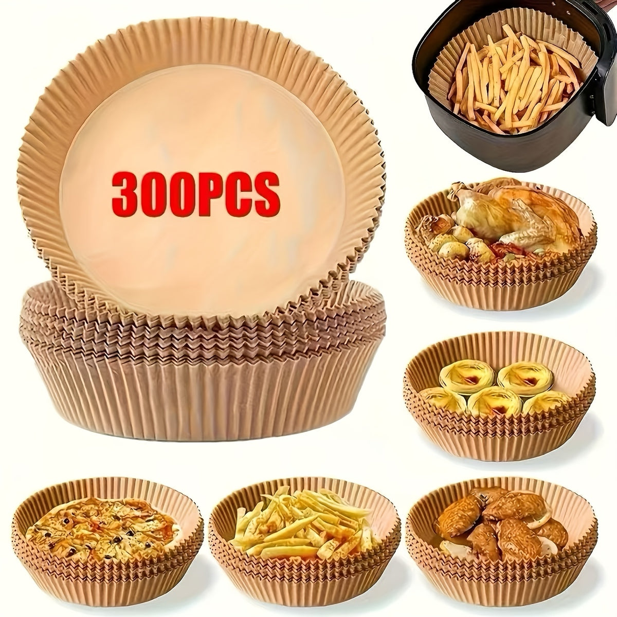 Air Fryer Liners 300pcs Round 7.9-Inch Unbleached Parchment Paper – Oil-Resistant Nonstick Baking Paper for Air Fryer, Oven, Grilling & Microwave