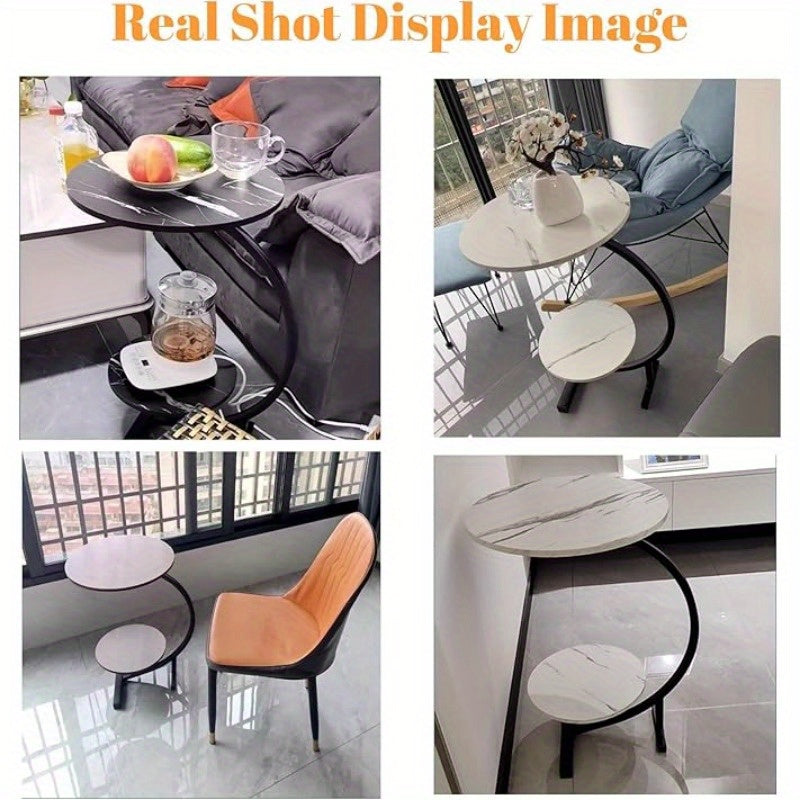 Marble Pattern Wrought Iron Side Table Modern Minimalist Sofa End Table for Living Room Bedroom Small Space